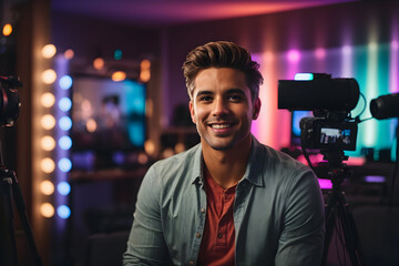 A male influencer sits in front of a camera, his face lit up with excitement as he prepares to record his latest video podcast. The room around him is filled with colorful lights and modern technology