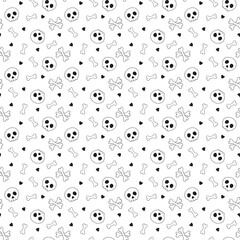 Halloween cute skulls, bones and hearts seamless pattern. Hand drawn vector isolated illustration. Ideal for background, print, design on paper or fabric.