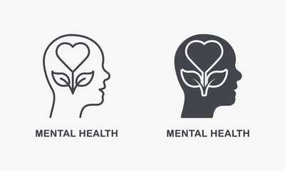 Wellness, Mental Health Silhouette and Line Icon Set. Human Brain with Flower Sign. Psychological Therapy, Healthy Mind Pictogram. Intellectual Process Symbol Collection. Isolated Vector Illustration