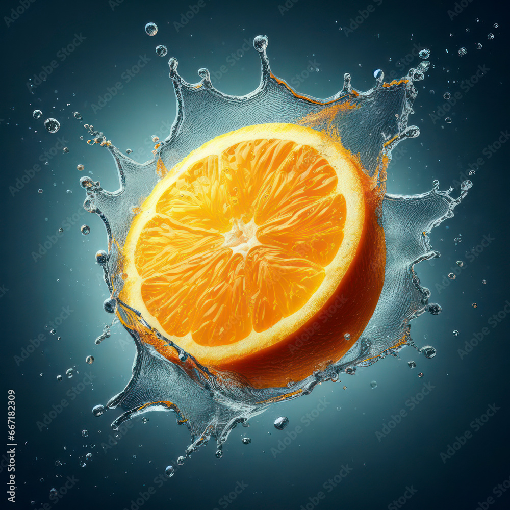 Wall mural orange slice splashing in a water splash. ai generative