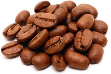 A high-contrast image of a small pile of coffee beans on a white marble table, creating a visually striking composition. The sharp details and rich tones enhance the texture and depth of the coffee be