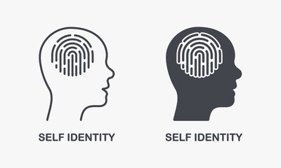 Mental Cognition Pictogram. Fingerprint in Human Head, Self Identity Silhouette and Line Icon Set. Person Identification Symbol Collection. Intellectual Process Sign. Isolated Vector Illustration