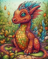 Illustration of a baby dragon on an abstract background.