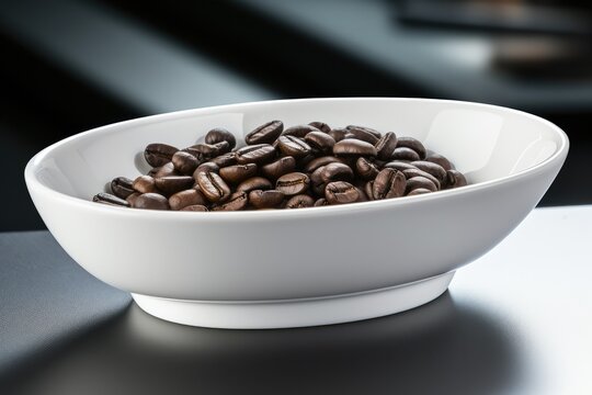 A minimalistic composition featuring a small pile of coffee beans on a sleek black table, with a single coffee bean placed strategically on top. The image highlights the simplicity and elegance of cof