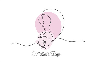 Happy Mother day card. Continuous one line drawing. Woman hold her baby. Vector illustration