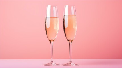 Two isolated Champagne Glasses in front of an pink Background. Festive Template for Holidays and Celebrations