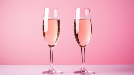 Two isolated Champagne Glasses in front of an pink Background. Festive Template for Holidays and Celebrations