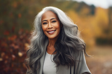 Generative AI technology picture of gorgeous grey haired woman walking autumn park
