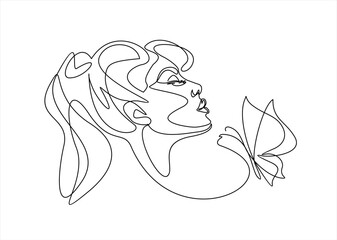 Beautiful woman head with butterfly . Abstract composition hand draw continuous line. Hand-drawn vector line-art illustration. One Line style drawing.