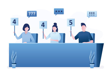Jury voting. People holds signs with likes and numbers. Social satisfaction poll concept. Television talent show presentation. Jury sitting at desk and chatting about performance