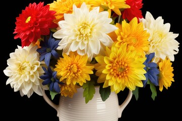 Fototapeta premium A single, vibrant blossom against a dark black background, creating a visually striking composition. This captivating floral display, with its vivid colors, intricate patterns, and dynamic presence, c
