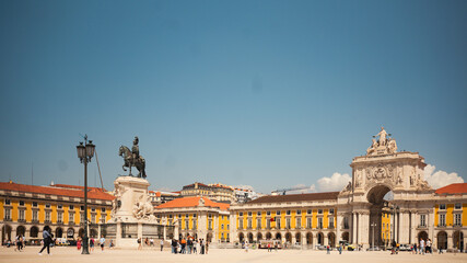 Lisbon, Portugal - May 25, 2023: Praca do comercio view on a sunny day with the monument and the...