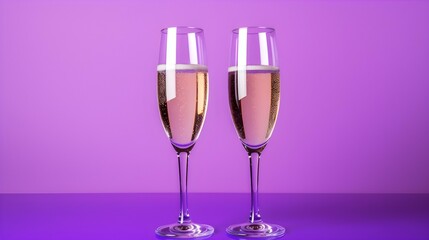 Two isolated Champagne Glasses in front of an purple Background. Festive Template for Holidays and Celebrations