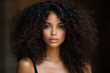 Generative AI picture of Young beautiful girl model demonstrating perfect styling curly hair
