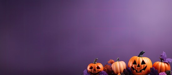 Halloween decorations pumpkin themed greeting card template on a purple banner