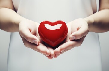 A woman in a white dress holds a red heart in her hands
