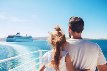 Caucasian child girl traveling on a cruise ship with their father enjoying the beautiful sunny atmosphere on the ship