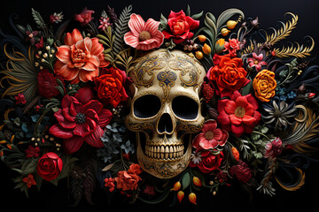 Generative AI picture day of the dead skull santa muerto pattern on a black background