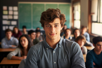 Fototapeta premium Generated by AI photo of happy male brown hair student standing in classroom isolated in educational environment background