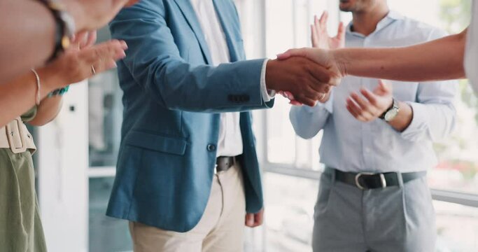 Deal, success and applause with handshake of business people for contract, winner and partnership. B2b, global and congratulations with employee shaking hands for agreement, achievement and future