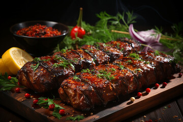 Generative AI image of a delicious beef steak medium rare grilled with vegetables and fresh greenery