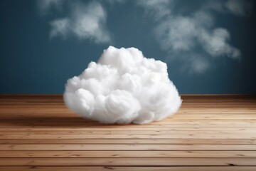 A fluffy cloud on a wooden floor against a blue sky. Generative AI