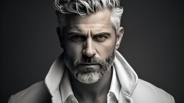 A brutal gray-haired middle-aged man with a fine haircut, beard and mustache. Stylish barbershop guy. Illustration for cover, card, postcard, interior design, banner, poster, brochure or presentation.