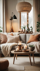 Scandinavian chic living room with Nordic influences, hygge elements, and a cozy atmosphere.