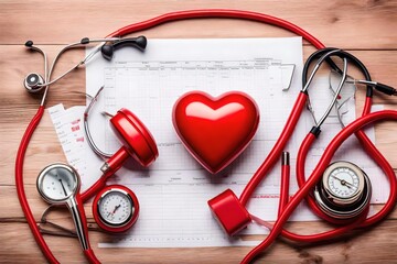 red stone heart, stethoscope, note sheet and pressure meter on white background on table  . - obrazy, fototapety, plakaty