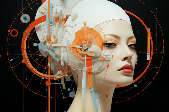 Trendy abstract illustration of woman in vintage minimalistic geometry elements Generative AI picture