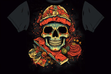 Pizza and human skull on a black background. Hand drawing vector illustration.
