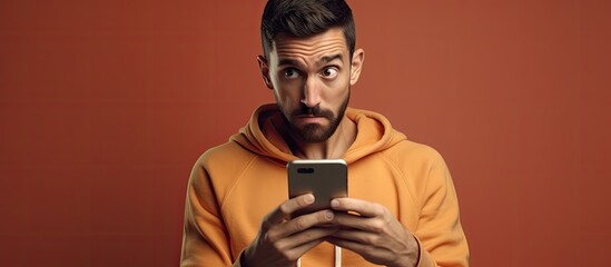 Man feeling embarrassed looking at phone screen with awkward online social network message - obrazy, fototapety, plakaty
