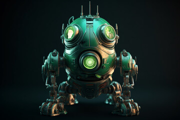 3D rendering of a robot with green eyes on a black background