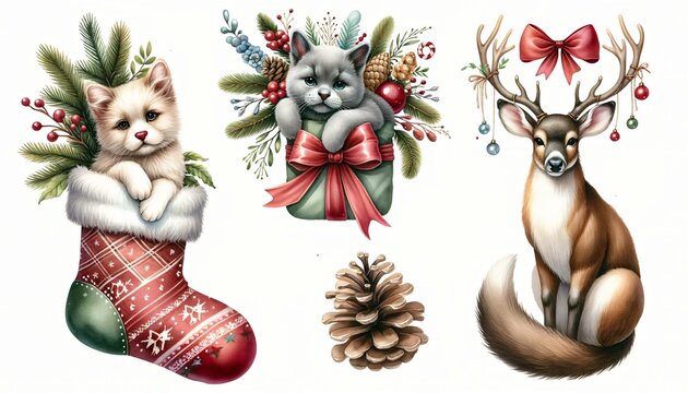 Sticker set with cat in red holiday stocking, kitten in green gift box, reindeer and pinecone on white clear background. Christmas and New Year watercolor illustration. Elements for design, print