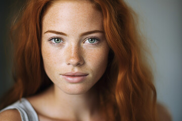 Closeup portrait of beautiful young woman face red fluffy hair natural beauty appearance Generative AI - obrazy, fototapety, plakaty