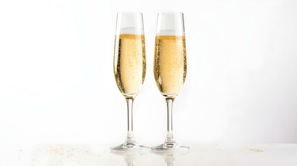 Two isolated Champagne Glasses in front of an white Background. Festive Template for Holidays and Celebrations