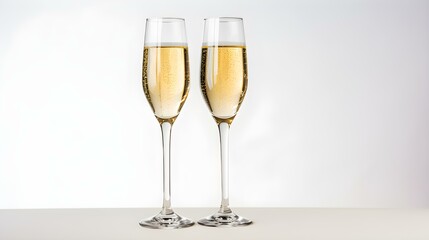 Two isolated Champagne Glasses in front of an white Background. Festive Template for Holidays and Celebrations