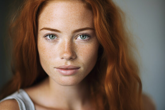 Closeup portrait of beautiful young woman face red fluffy hair natural beauty appearance Generative AI