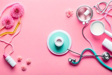Flu treatment concept with medicine and stethoscope pink background top view