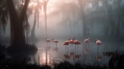 Flamingos im Nebel im Sumpf. Feuchtgebiet mit rosa Vögeln im Morgengrauen. Mystisches Hintergrundbild von wildlebenden Tieren.  - obrazy, fototapety, plakaty