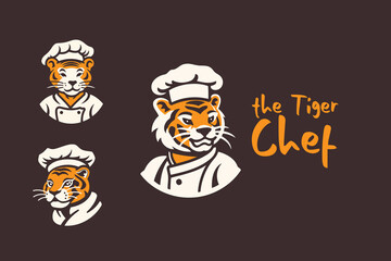 Tiger chef logo template. Vector illustration of tiger head in chef hat and chef uniform.