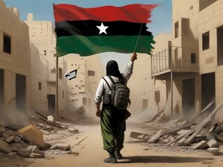 An AI-generated illustration of a person waving the Libyan flag in a war-torn street. - obrazy, fototapety, plakaty
