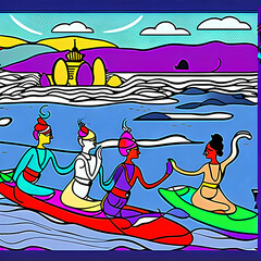 An AI-generated colorful illustration of four people kayaking on a river with a city skyline in the background