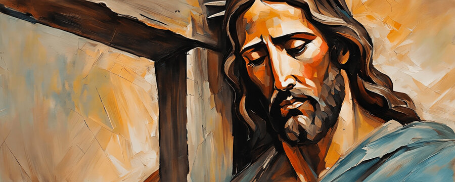 Jesus Christ carrying the Cross in oil painting style. Christian artwork. Banner format. Muted colors.