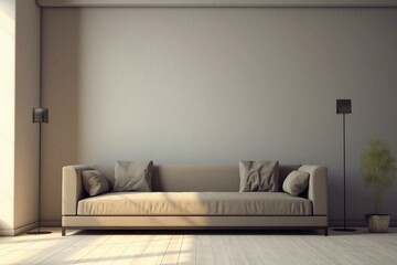 Simple room. Neutral couch against plain wall. 3D design. Generative AI