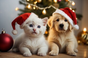 Fototapeta na wymiar Christmas kitten and puppy in Santa hat on the background of a Christmas tree and lights. AI generated