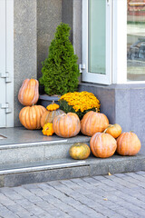 Decoration of the entrance to the house on the eve of the autumn holiday Halloween.