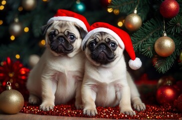 Christmas pug puppies in Santa hat on the background of a Christmas tree and lights. AI generated