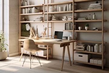 Fototapeta na wymiar Contemporary workspace with desk and bookshelf. Generative AI