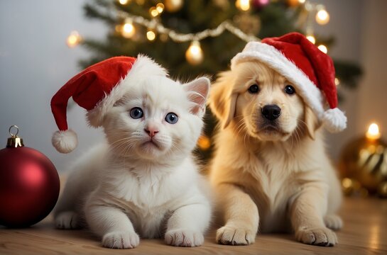 Christmas kitten and puppy in Santa hat on the background of a Christmas tree and lights. AI generated